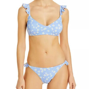 NWT Aqua Swim Bloomingdale’s Daisy Print Ruffled Bikini Top & Bottom Blue | sz S